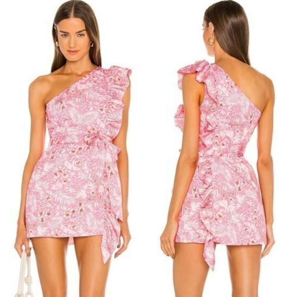 REVOLVE Lovers and Friends Seana Tropical Pink One-Shoulder Ruffle Mini Dress